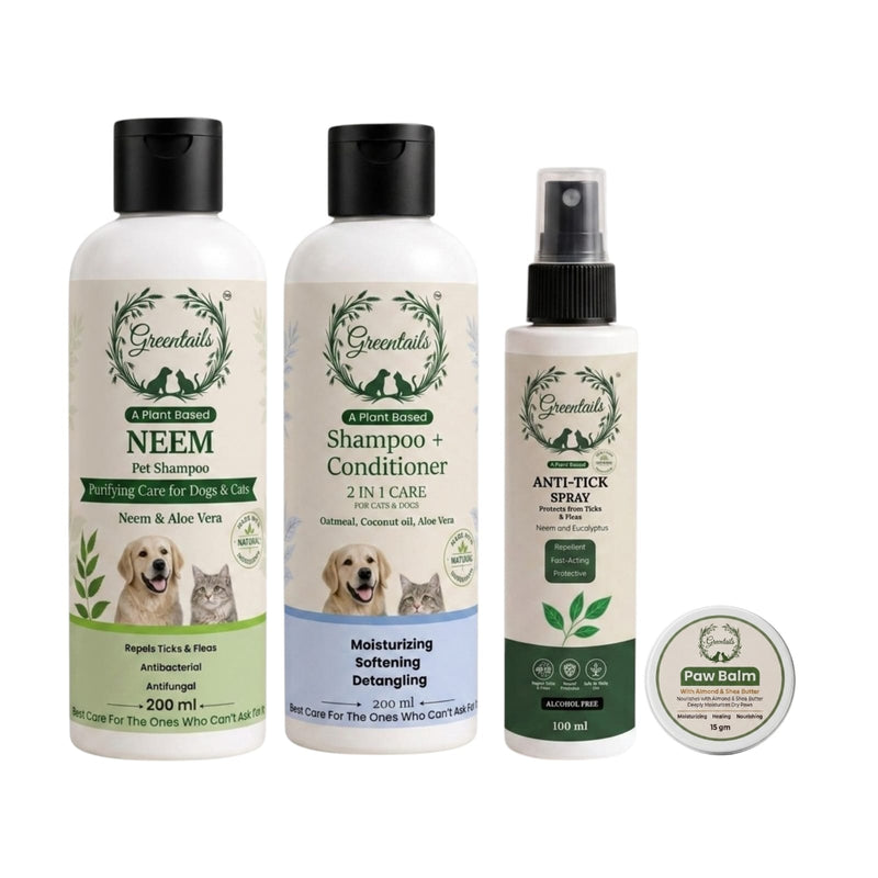 Basic Pet Care Grooming Kit, Pack Of 4 (Neem Shampoo 200 Ml, Conditioner+Shampoo 200 Ml, Anti-Tick Spray 100 Ml And Paw Balm 15 Gm)