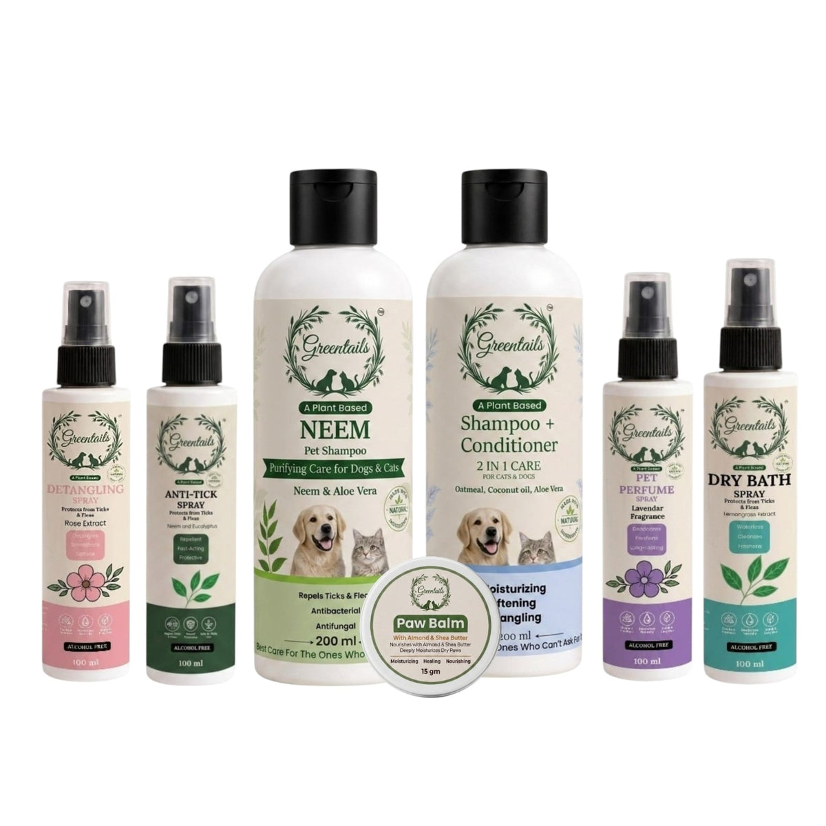 Professional Pet Care Grooming Kit, Pack Of 7 (Neem Shampoo 200 Ml, Conditioner+Shampoo 200 Ml, Anti-Tick Spray 100 Ml, Dry Bath 100 Ml, Detangling Spray 100 Ml, Pet Perfume 100Ml And Paw Balm 15 Gm)